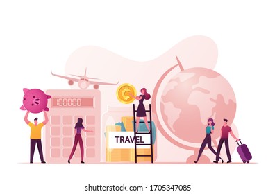 Vacation Budget Concept. Male Female Characters Collecting and Saving Money for Luxury Holidays and Traveling. Tiny Woman Put Coin into Huge Glass Jar, Calculator. Cartoon Vector People Illustration