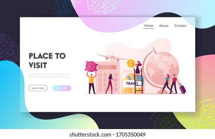 Vacation Budget Landing Page Template. Characters Collecting and Saving Money for Luxury Holidays and Traveling. Tiny Woman Put Coin into Huge Glass Jar, Calculator. Cartoon Vector People Illustration