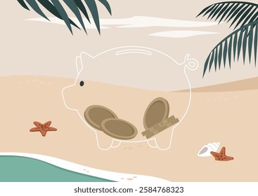 Vacation budget, a piggy bank enjoying a relaxing time off on a tropical beach surrounded by serene waves and sun-kissed sands