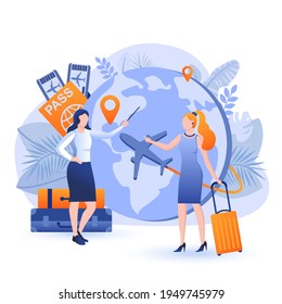 Vacation or business travel scene. Woman with luggage flies on resort, travel agency employee proposes tour to client. Global tourism concept. Vector illustration of people characters in flat design