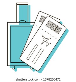 Vacation or business trip time. Baggage with airplane tickets. Travel around the world. Design element. Vector illustration. Icon with shadow isolated on white background.