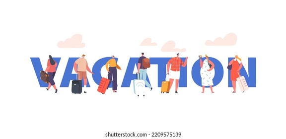Vacation, Business Trip, Travel Concept. Men and Woman with Suitcase in Airport. Tourist Characters with Luggage. Travelers, Passengers Boarding Poster, Banner or Flyer. Cartoon Vector Illustration