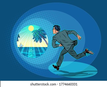 Vacation. Businessman flees to a seaside resort. Pop art retro vector illustration kitsch vintage 50s 60s style