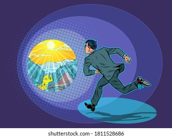 Vacation. The businessman runs to the mountain resort. Pop art retro vector illustration kitsch vintage 50s 60s style