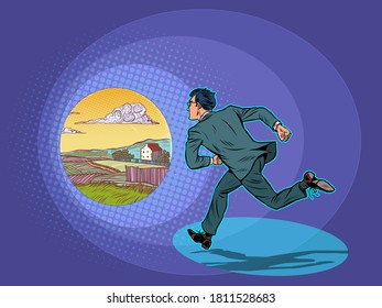 Vacation. The businessman runs to the rural landscape. Pop art retro vector illustration kitsch vintage 50s 60s style