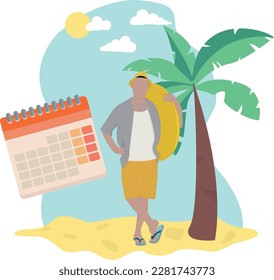 Vacation calendar vacation beach with palm trees vector illustration