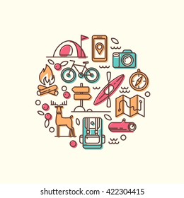 Vacation, Camping, Hiking, Adventure, Extreme Sports, Outdoor Recreation. Set Of Line Vector Icons.