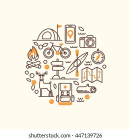 Vacation, Camping, Hiking, Adventure, Extreme Sports, Outdoor Recreation, Wilderness Collection. Set Of Line Vector Icons.