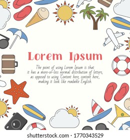Vacation - card with text and vector color illustrations of travel, holiday day for graphic design