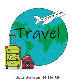 vacation card. World map, plane and travel suitcase