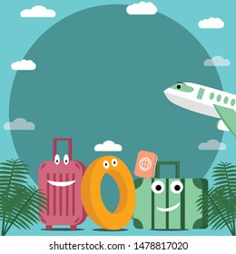 Vacation character banner design background, for advertising and traveling with airplane 
luggage and 
Life ring