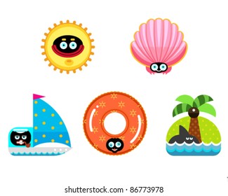 Vacation characters icon set. Contains sun, boat, swimming ring, shell, island with shark
