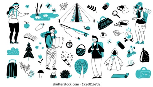 .Vacation Characters. Travelling Suitcase, Isolated Tourism Friends With Backpacks. Young Travel Girl Boy, Summer Eco Adventures Decent Vector Set