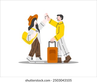 Vacation. Cheerful Travelers Couple Giving High Five Posing With Backpack And Suitcase Standing