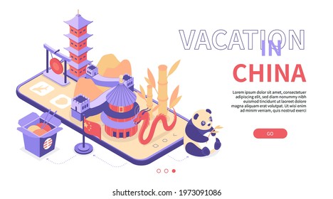 Vacation In China - Modern Colorful Isometric Web Banner With Copy Space For Text. An Illustration With Chinese Symbols And Landmarks Placed On Smartphone Screen. Pagoda, Wok, Dragon, Great Wall