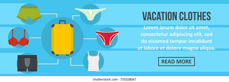 Vacation clothes banner horizontal concept. Flat illustration of vacation clothes banner horizontal vector concept for web design