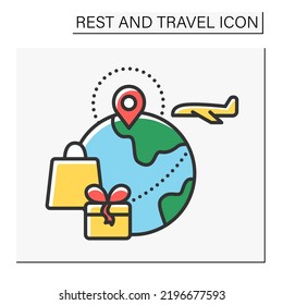 Vacation Color Icon. Buying Gifts And Presents Abroad. Travelling By Plane For Shopping. Duty Free. Rest And Travel Concept. Isolated Vector Illustration