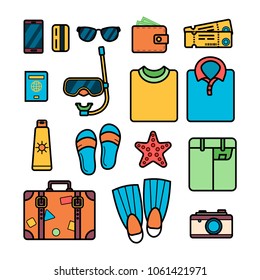 Vacation colored linear icons set