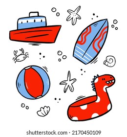 Vacation colorful doodle set collection. Hand drawn doodle icons for decorating vacation booklet, poster, postcard. Vector illustration in bright colors. Line art with colors for decor. Isolated.