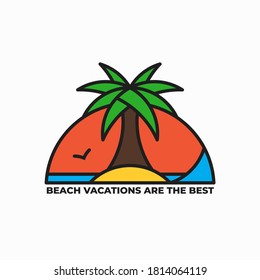 Vacation company logo design. Vector illustration of tropical beach with sea, sun, flying bird and palm tree isolated on white background