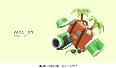 Vacation concept. 3D suitcase with stickers, palm trees, tourist clothes and accessories. Color vector poster, advertising travel agency services. Reservation of tickets, vouchers, hotels