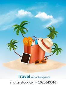Concepto de vacaciones. Playa con palmera, fotografía y bolsa de playa. Vector.