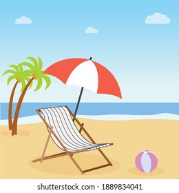 Vacation concept. Beach umbrella, beach chair.