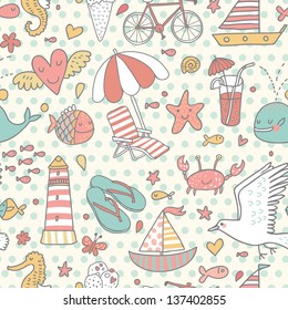Tarjeta conceptual de vacaciones con gaviota, faro, zapatillas, ballena, cangrejo y otros. Se puede utilizar un patrón sin problemas para fondos de paredes, rellenos de patrones, fondos de páginas web, texturas superficiales.
