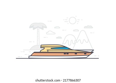 Vacation concept in flat outline design. Summer holidays on cruise and beach resort. Vector illustration with colorful line web scene with yacht sails on sea past tropical islands and mountains.