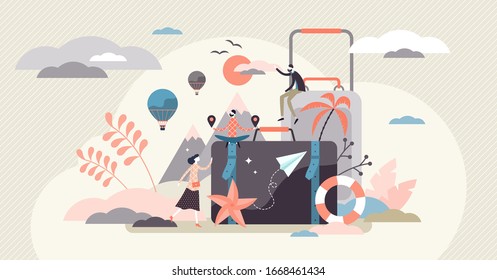 Concepto de vacaciones, ilustración de vector de persona diminuta plana. Feliz planificación de viajes de tiempo libre. Escena al aire libre abstracta con turistas, equipajes y elementos marinos. La libertad de las personas y el arte de vivir.