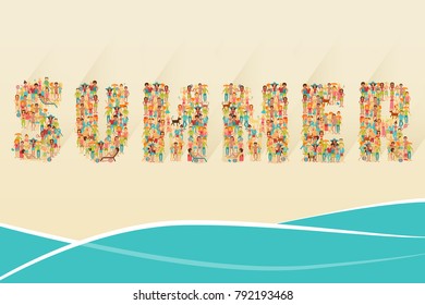 Vacation concept with group of people in summer lettering on sea beach background vector illustration