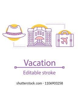 Vacation concept icon. Weekend. Rest idea thin line illustration. Going on trip. Vector isolated outline drawing. Editable stroke