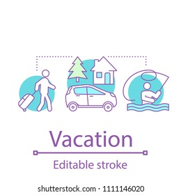 Vacation concept icon. Weekend. Rest idea thin line illustration. Country vacation cottage. Vector isolated outline drawing. Editable stroke