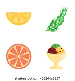 Vacation concept icons set cartoon vector. Citrus slice, ice cream and plant. Summer holiday