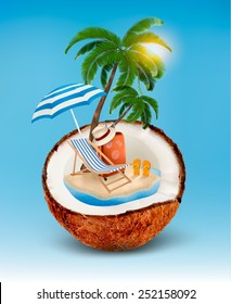 Vacation concept. Palm tree, suitcase and an umbrella in a coconut. Vector.