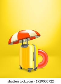 Vacation concept with plastic suitcase and travel accessories. Vector banner with copy space for a text 