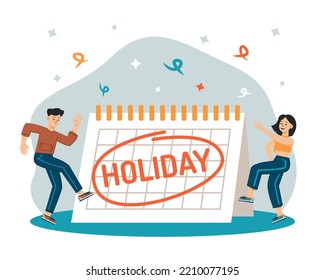 vacation concept. Rest days are highlighted on the calendar, and people are happy and dancing. Vector flat illustration