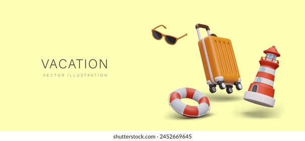 Vacation concept. Suitcase on wheels, sunglasses, lifebuoy, striped beacon