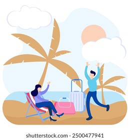 Ilustración vectorial de concepto de vacaciones, personajes de personas viajan a atracciones turísticas en sus vacaciones