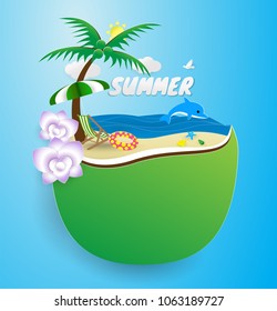 vacation concept.palm tree,Life ring, sun,blue dolphin,cloud shell,beach,umbrella, sea,star fish in coconut. Vector illustration