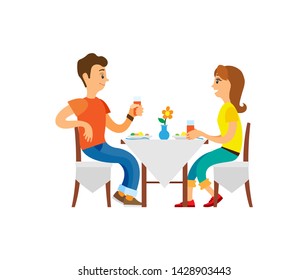 Vacation of couple, restaurant and cafe vector. People drinking juice, man and woman eating, table with vase and flowers. Eatery elegant breakfast