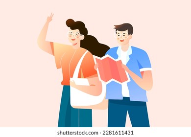 Vacation couples go shopping together in the street, with shops and streets in the background, vector illustration