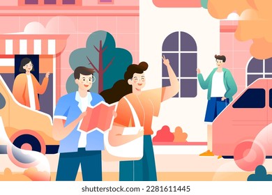 Vacation couples go shopping together in the street, with shops and streets in the background, vector illustration