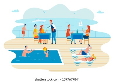 Vacation Cruise Tour In Tropics Flat Vector Concept. Tourists Having Romantic Dinner, Lying On Lounge Chair And Sunbathing, Swimming, Playing Ball With Kids In Pool On Deck Of Cruise Ship Illustration