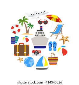 Vacation decorative icons set in shape of circle with palm ring-buoy cruise ship isolated vector illustration 