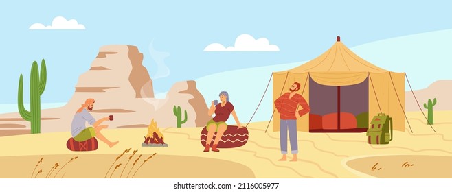 Vacaciones en campamento desértico con viajeros descansando en camping, ilustración vectorial de caricatura plana. Antecedentes del desierto con un grupo de turistas en el campo beduino.