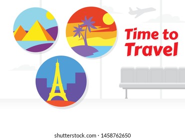 Vacation Design for Travel. Concept design flat vector for travel to Paris, Egypt, Pyramids, and Tropical island. Travel and tourism concept