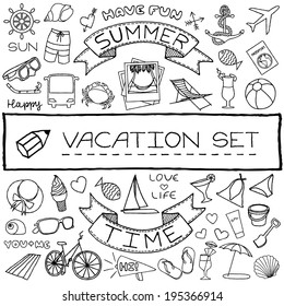 Vacation doodle icons collection. Vector illustration.