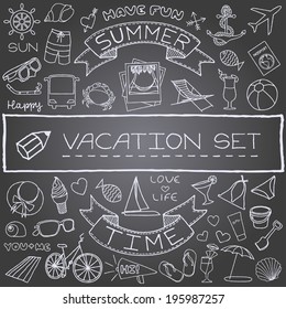 Vacation doodles on chalk board. Vector illustration.