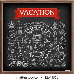Vacation doodles on chalk board. Hand drawn icons collection of travel and summertime symbols - airplane, passport, boat, anchor, cocktails, bikini, ice cream, beach chair etc. Vector illustration.